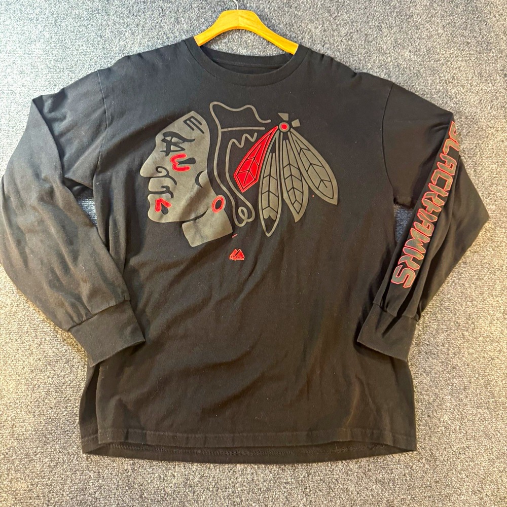 Majestic Chicago Blackhawks Shirt Mens L Black Long Sleeve NHL Hockey Logo